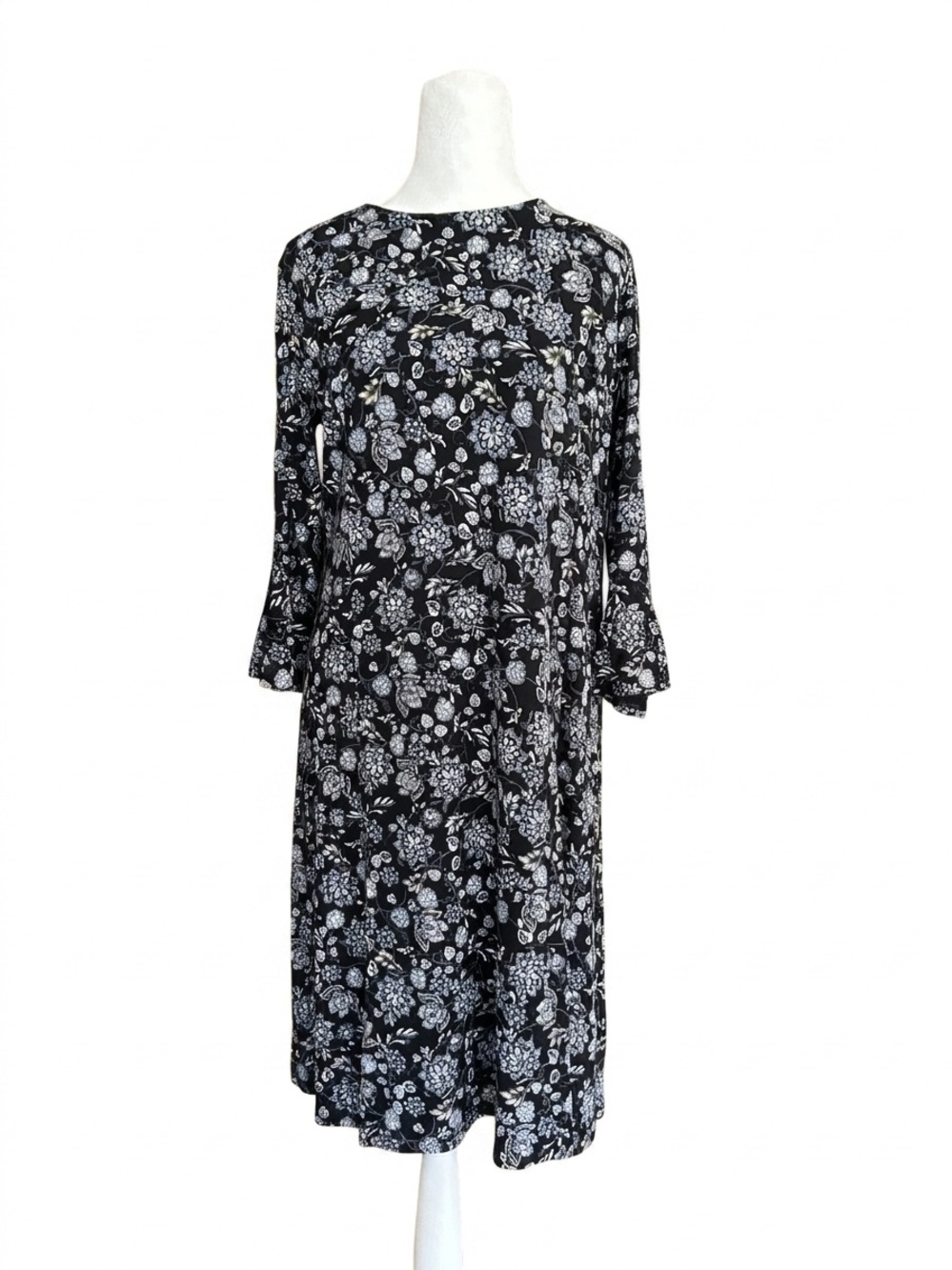 NWT J Jill Black Blue Folk Floral Jersey Knit A-Line Dress Boho Mid‎ M 91327901